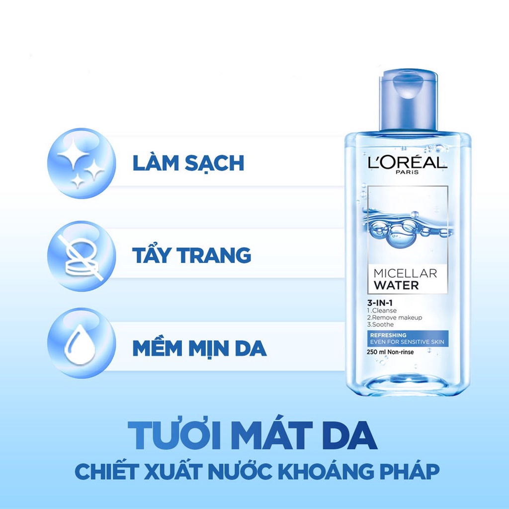 [Minisize 30ml] Nước Tẩy Trang L'Oreal Tươi Mát Cho Da Dầu, Hỗn Hợp Micellar Water 3-in-1 Refreshing Even For Sensitive