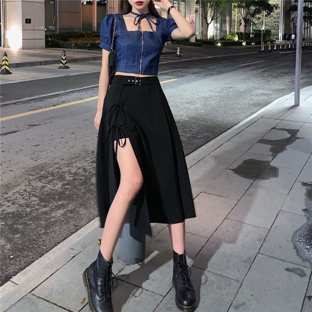 ] Chân váy xẻ đùi phối quần short và đai hot tiktok