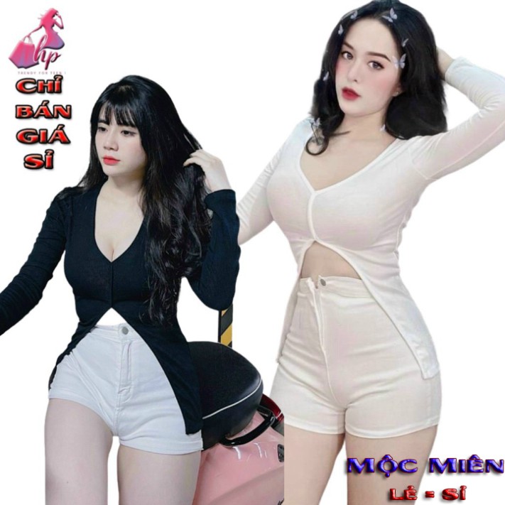 Áo thun nữ ôm body cổ V tay dài  phong cách hàn quốc cực dễ thương mẫu mới thời trang 2021 - MM