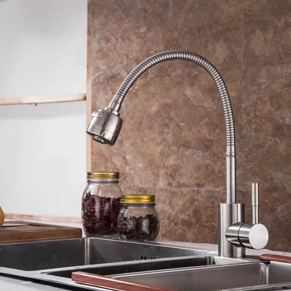 Vòi rửa bát nóng lạnh inox 304 trắng mờ cao cấp loại cần mềm xoay 360 độ, 2 chế độ xả nước siêu bền chống gỉ - Đủ Dây