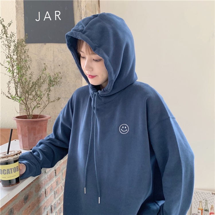 Áo hoodie tay dài dáng rộng thêu họa tiết đơn giản kiểu Hàn Quốc