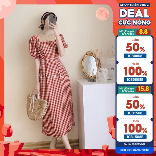 Váy Dài Qua Gối Sang Chảnh MER Váy Suông Dáng Dài Siêu Xinh Tay Bồng Cổ Vuông Kẻ Caro Kèm Tu Ban Tôn Dáng Style Hàn V10