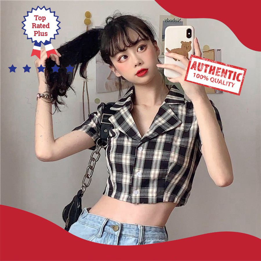 [Chất đẹp] ÁO SƠ MI CROPTOP TAY NGẮN KẺ SỌC CARO THỜI TRANG CHO NỮ - CROPTOP CARO KẺ TÍM ĐEN ĐỎ HỒNG VÀNG XANH