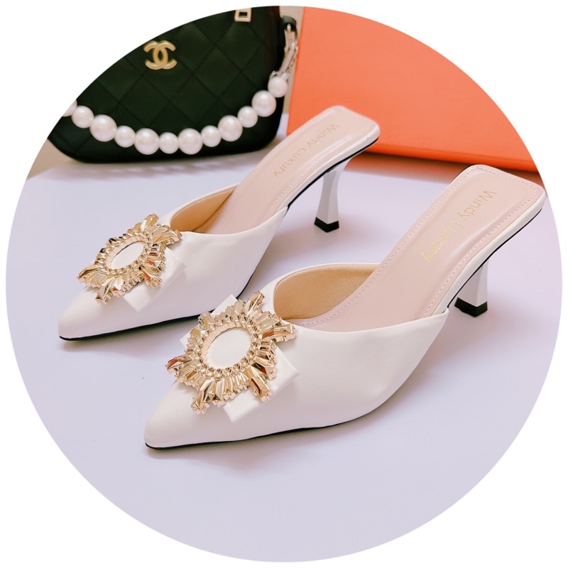 Giày sục cao gót 7p mũi nhọn da lì tag Tròn vàng xinh xỉu