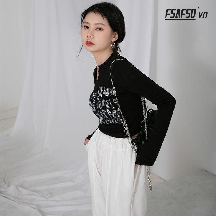 Áo Thun Nữ Dài Tay Cổ Chữ v In Chữ