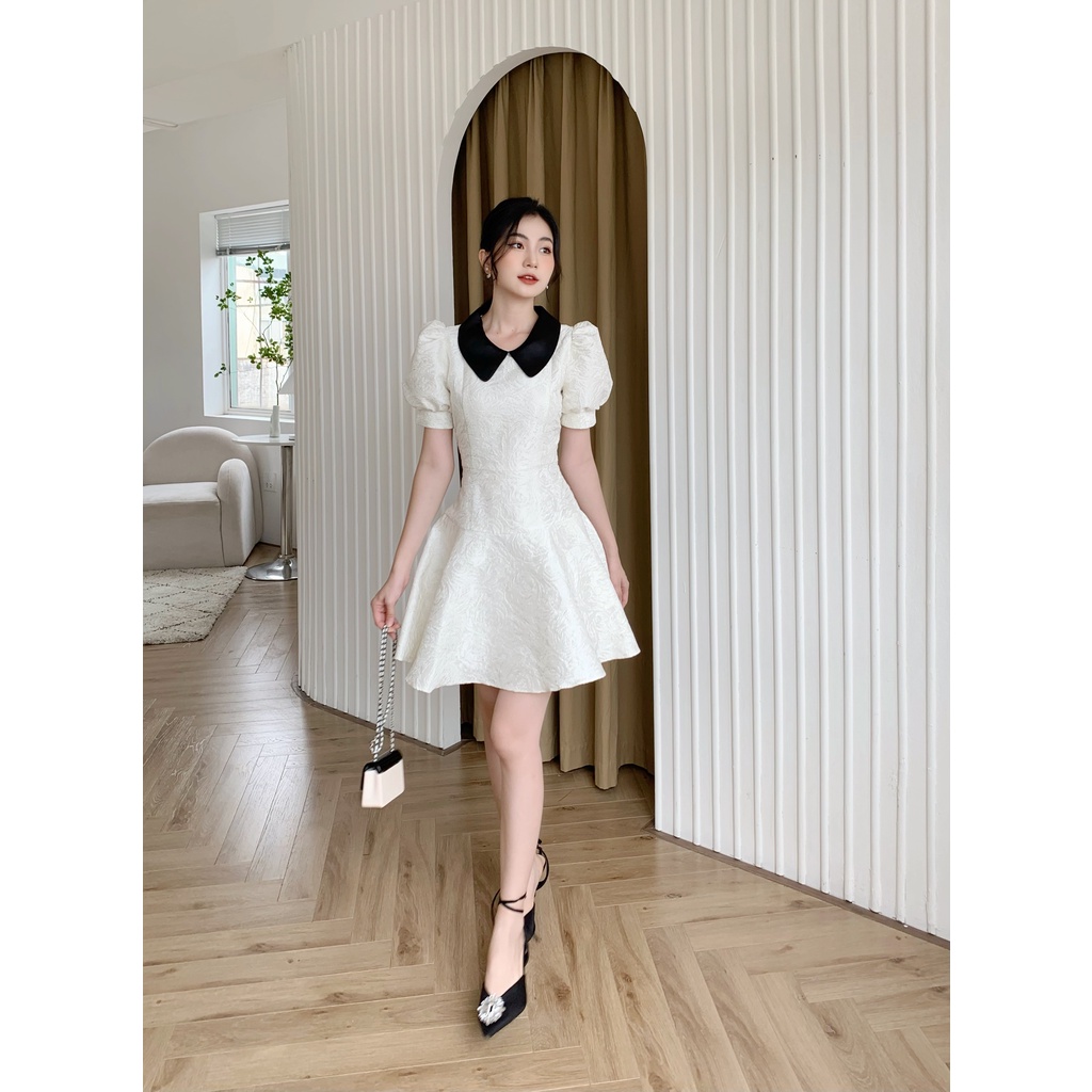 Váy gấm hoa hồng Chillgals tay bồng dáng xòe trắng V-087TR
