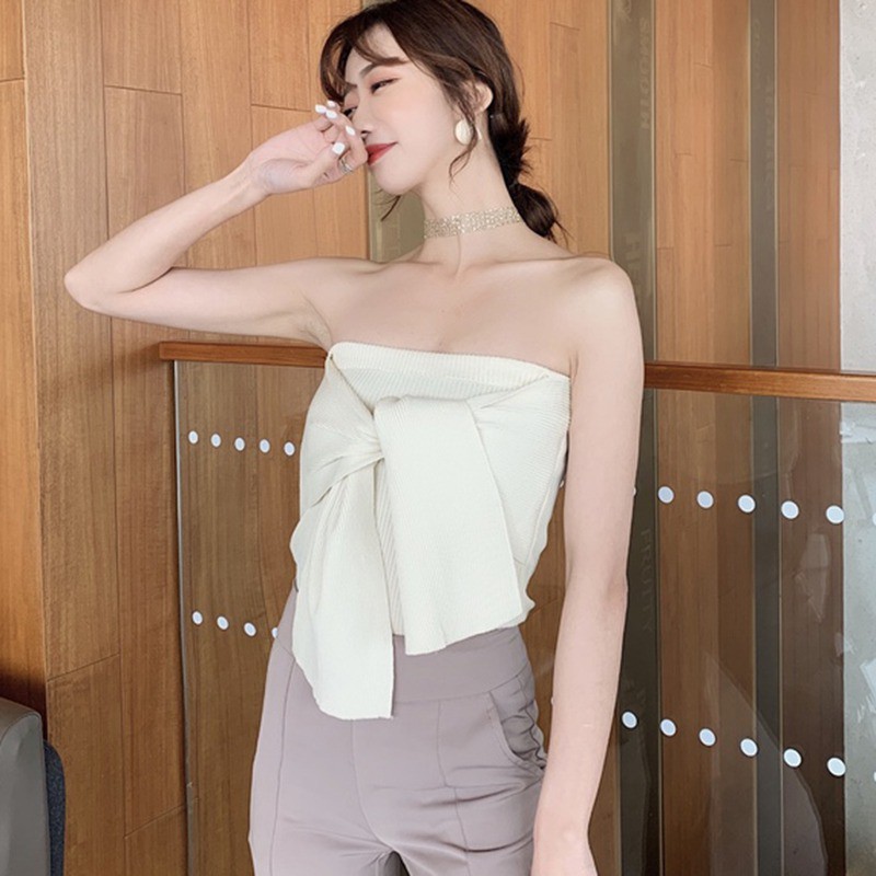 [Baywellfashion]Áo ống dệt kim phối dây đan chéo thiết kế màu trơn thanh lịch | BigBuy360 - bigbuy360.vn