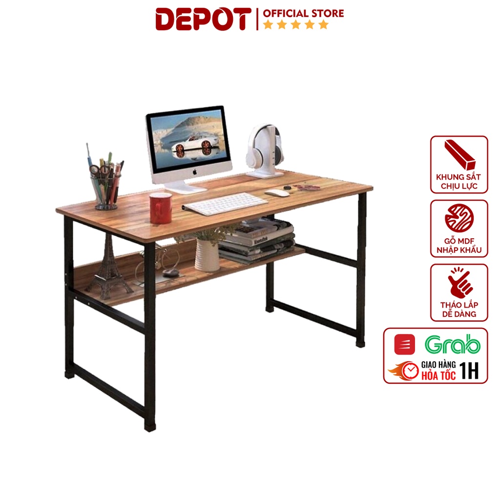 Bàn làm việc kèm kệ lửng DEPOT, bàn gỗ MDF cao cấp khung thép tĩnh điện