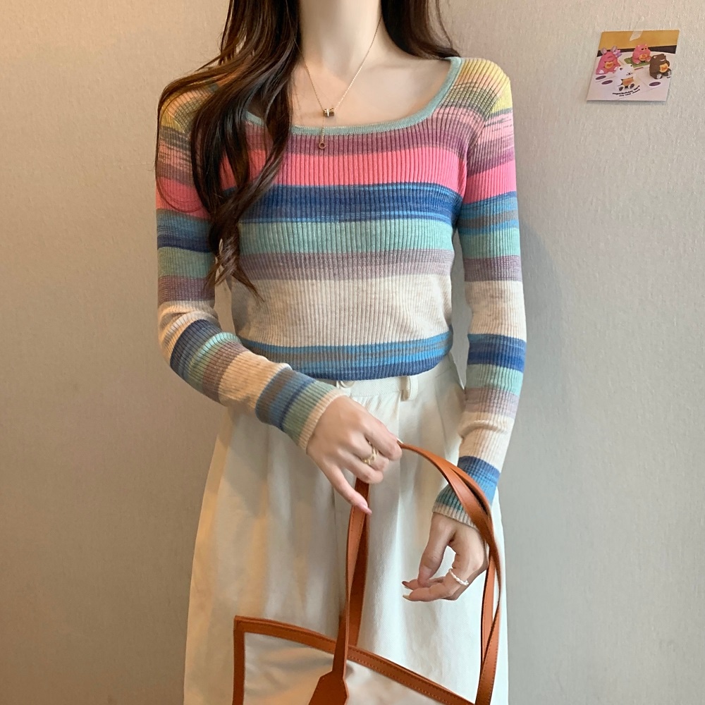 Áo dệt kim ZHELIHANGFEI tay dài dáng ôm họa tiết sọc màu cầu vồng dễ phối đồ thời trang
