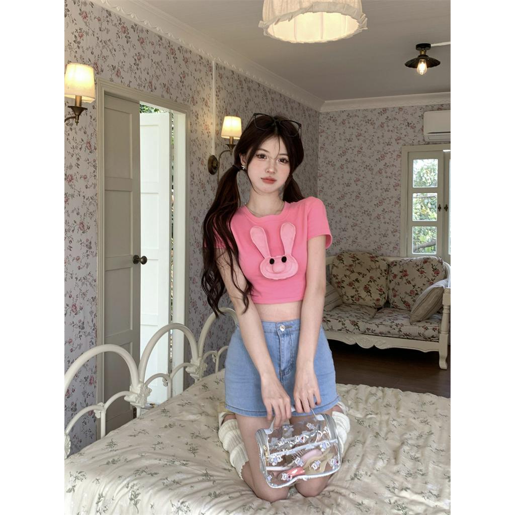 Áo Thun crop Top Tay Ngắn Cổ Tròn In Hình Thỏ Phong Cách Hàn Quốc Quyến Rũ Dành Cho Nữ