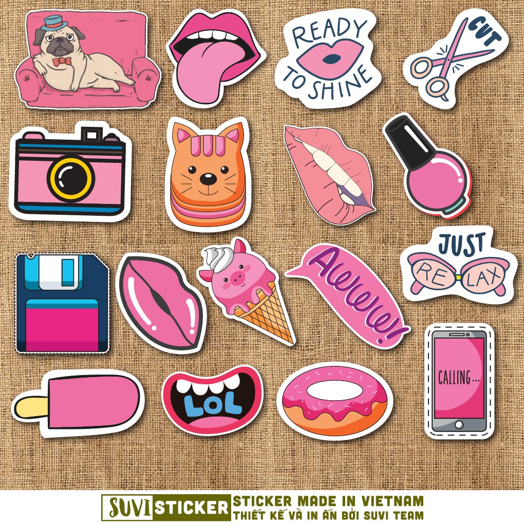 50 Sticker Màu Hồng Pink chống nước sticker dán laptop, điện thoại, đàn guitar, mũ bảo hiểm, vali. MSP: SV152