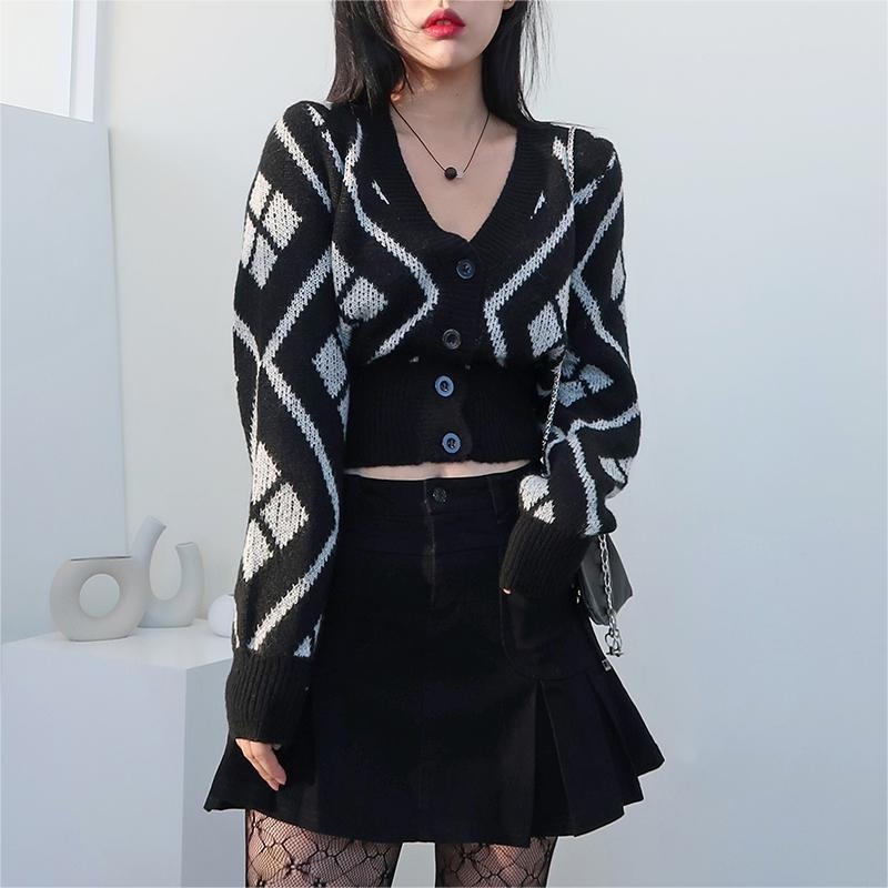 Áo sweater ZHELIHANGFEI tay dài cổ chữ V lưng cao đính đá thời trang quyến rũ dễ phối