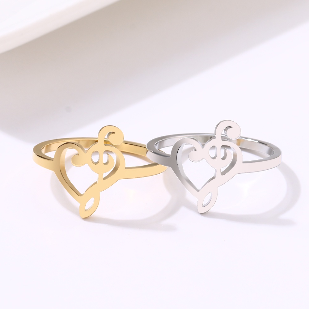 Nhẫn Thời Trang Khắc Hình Nốt Nhạc Và Trái Tim Bằng Thép Không Gỉ Mạ Vàng Cho Nữ