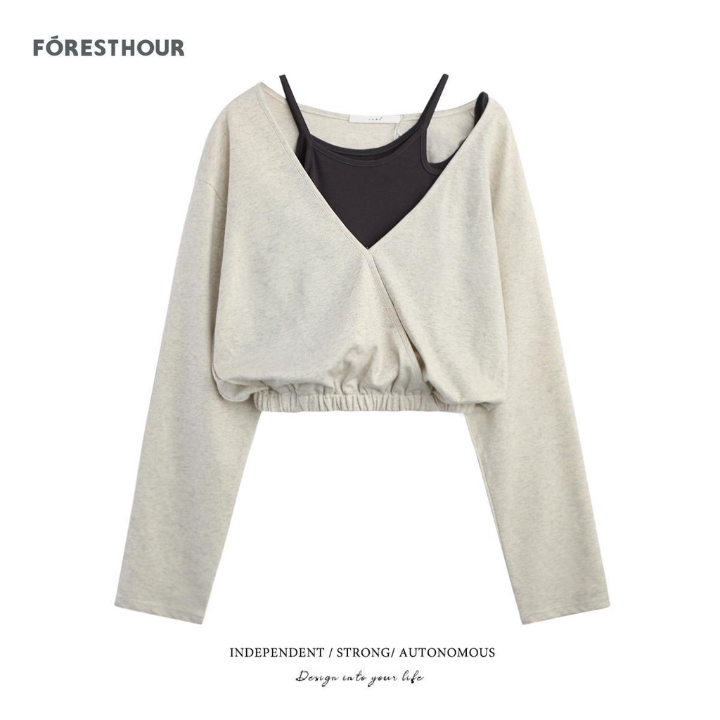 Áo Thun Cotton Giả Hai Lớp Thoáng Khí Tay Dài Phối Dây Rút Phong Cách Thể Thao Thời Trang Cho Nữ 0923