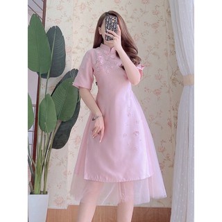 Áo dài nữ Yuri  -Lyn-  Áo dài cách tân phối lớp đáng yêu xinh xắn chất liệu lụa Tafta ôm dáng thích hợp đi dạo, dự tiệc