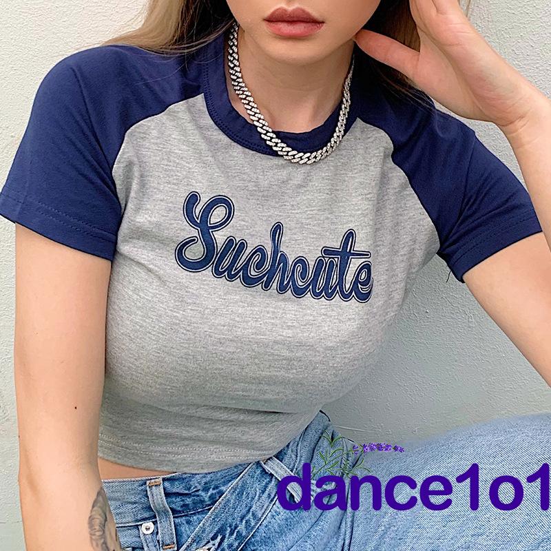 Áo Thun Croptop Cổ Tròn Phối Màu In Chữ Thời Trang Cho Nữ