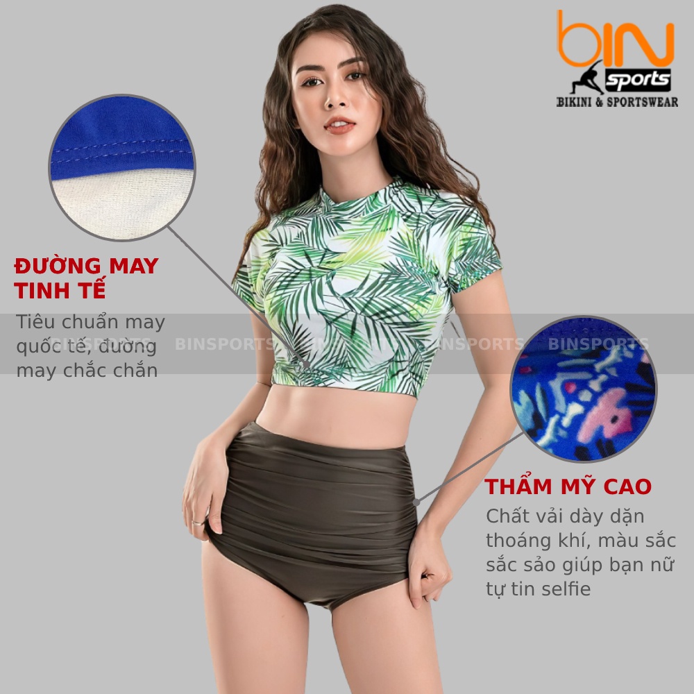 Bikini Nữ 2 Mảnh Quần Đùi Cạp Cao Aó Crop Ngắn Tay Bin Sports BHV088