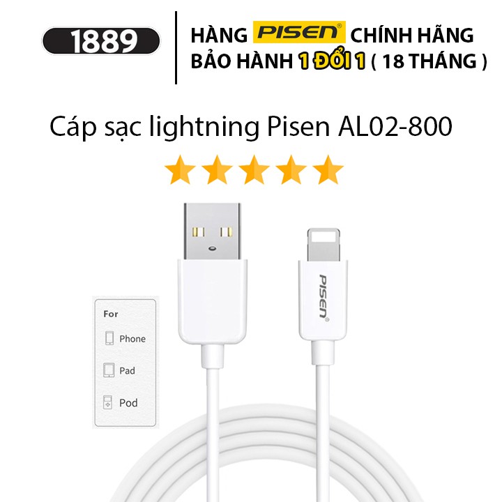 Cáp Sạc Iphone Pisen Lightning USB 800mm - Cáp Sạc Pisen Chính Hãng Chống Đứt Gãy Cho Iphone - AL02-800