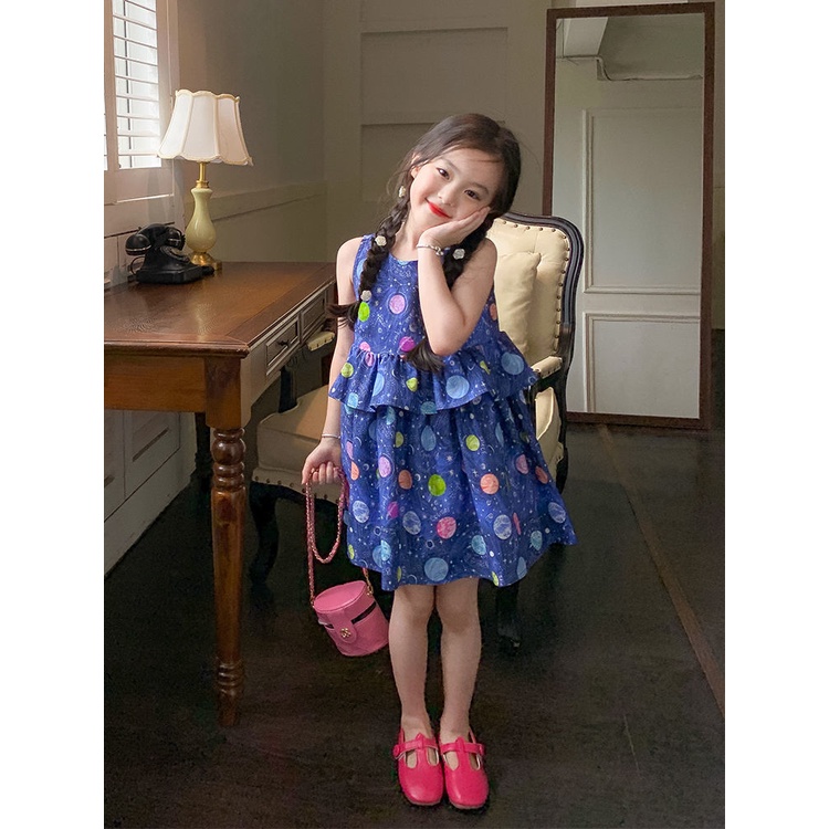 Đầm Dài Cổ Tròn Họa Tiết Chấm Bi Phong Cách Phương Tây Thời Trang Cho Bé Gái 5 Tuổi