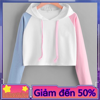 Áo hoodie lửng tay dài phối 3 màu trẻ trung và thời trang cho nữ