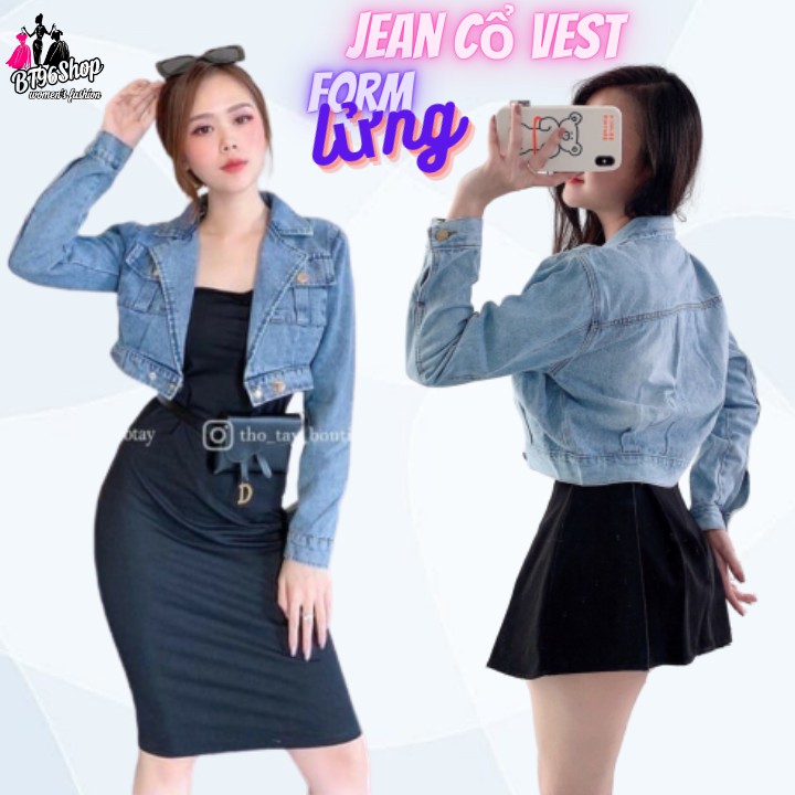 Áo Khoác Bò Jeans Lửng Croptop Nữ Cao Cấp Cổ Vest Túi Hộp Đậm Chất Thời Trang - Hàng có sẵn
