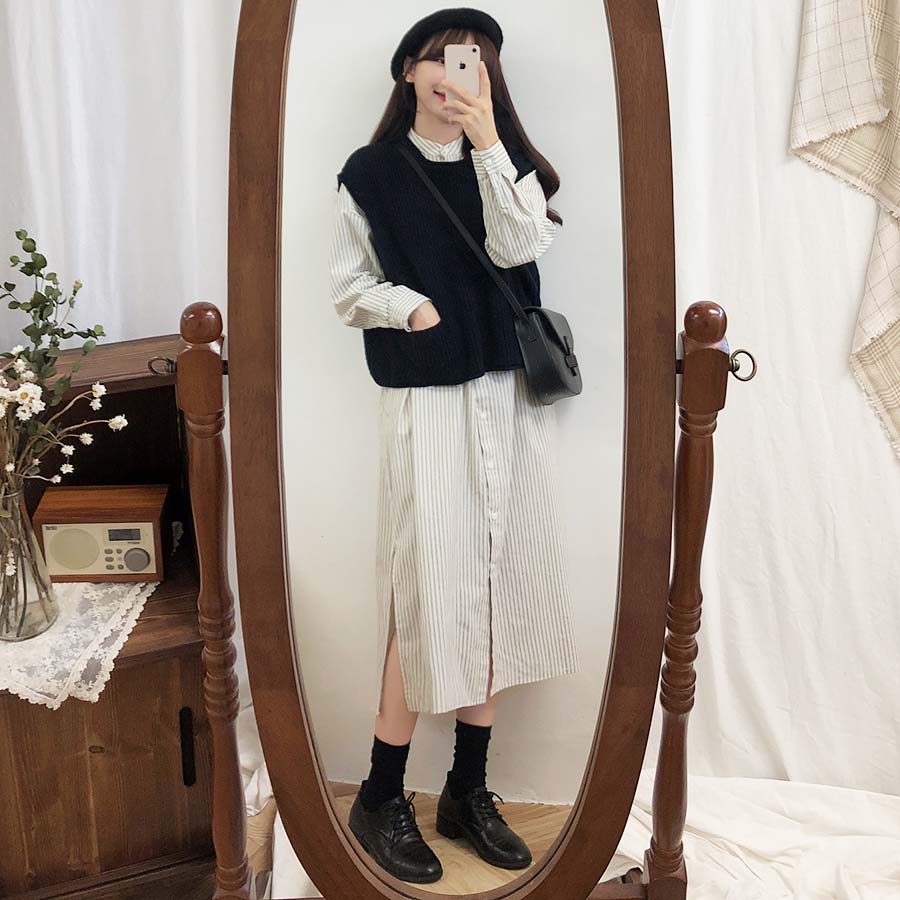 Đầm tay dài/ Áo không tay 31650 dệt kim cổ tròn