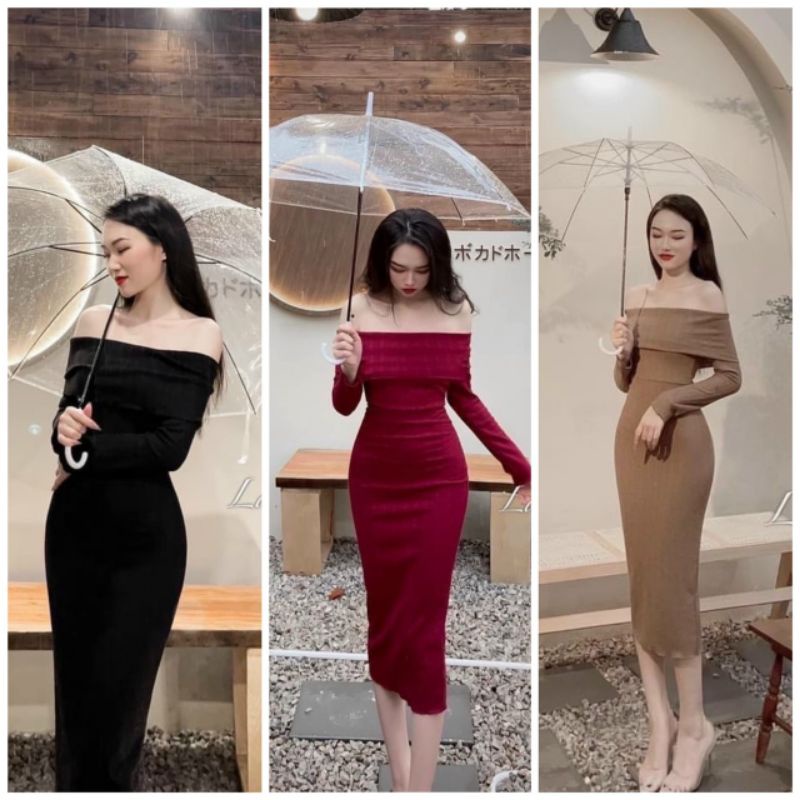 Đầm Thun Trễ Vai Tay Dài - Dáng Dài Maxi Ôm Body Sexy