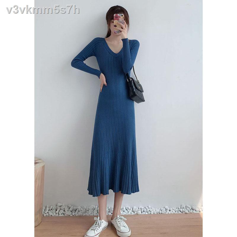 Knitted dress spring and autumn 2021 new temperament waist slimming long-sleeved bottoming skirt over the knee long fema | BigBuy360 - bigbuy360.vn