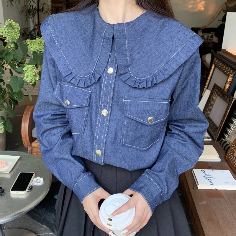 Áo Sơ Mi Denim Tay Dài Cổ Búp Bê Màu Xanh Navy Phong Cách Retro Hàn Quốc Cho Nữ