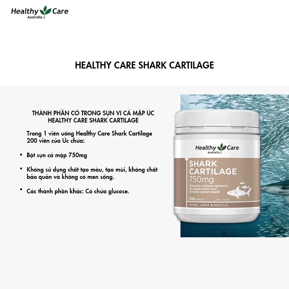 Viên uống sụn vi cá hỗ trợ xương khớp Healthy Care Shark Cartilage 750mg 200 viên