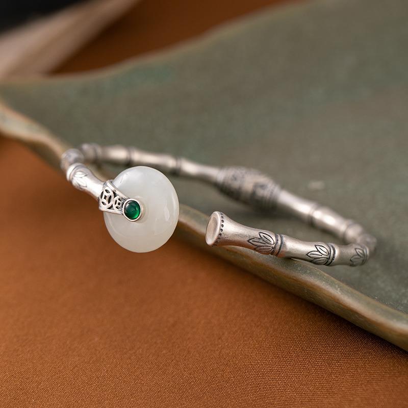Love❤jewellery,Handmade Bamboo Hetian Jade Bracelet, S925 Silver, Adjustable, Retro Lucky Bracelet