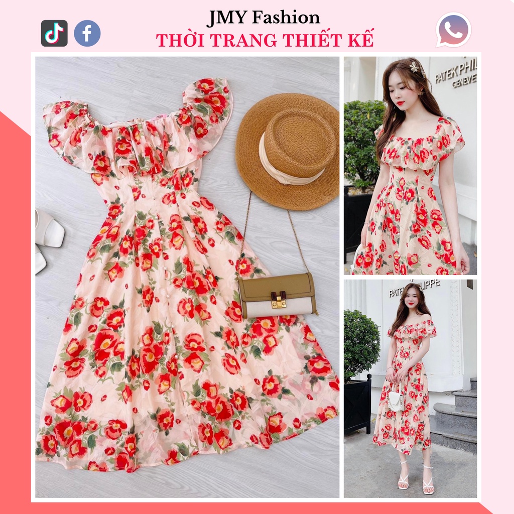 váy dài thiết kế, đầm đi tiệc đi chơi màu đỏ cao cấp - TH Hà Thanh