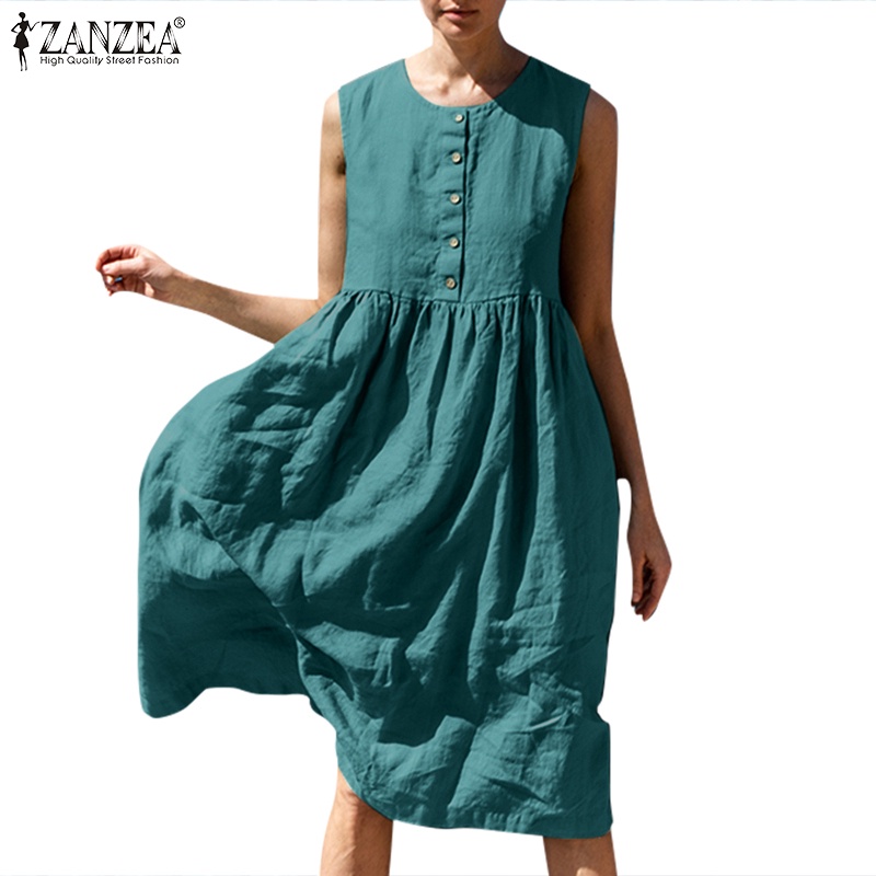 Đầm midi ZANZEA dáng chữ A không tay cổ tròn phong cách châu Âu ngọt ngào cho nữ