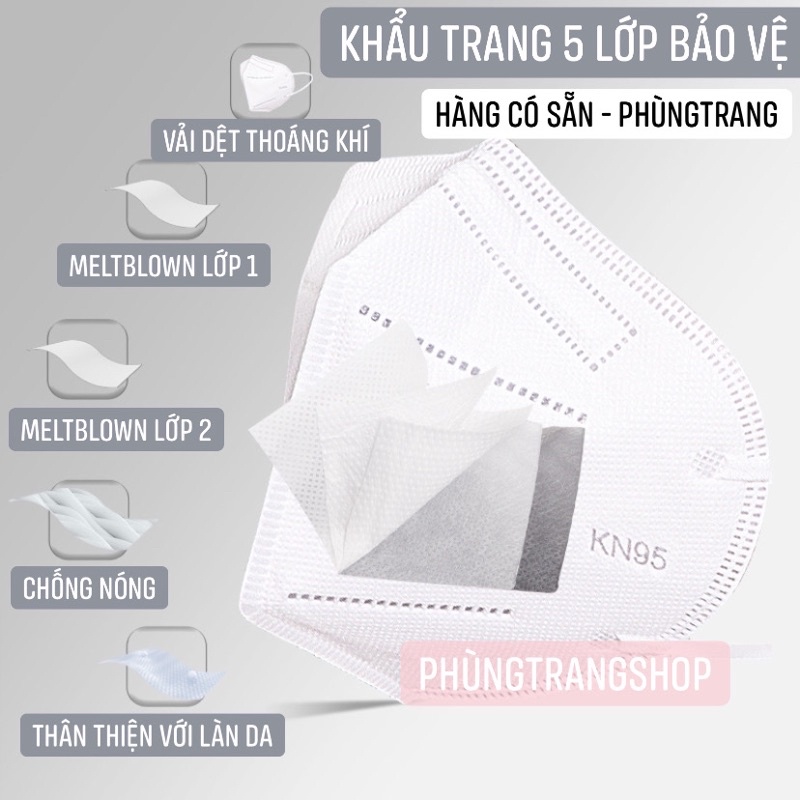 [TÚI 10 CÁI] Khẩu trang KN95 5 lớp chống bụi mịn PM2.5, có kẹp kim loại chắc chắn ở sống mũi