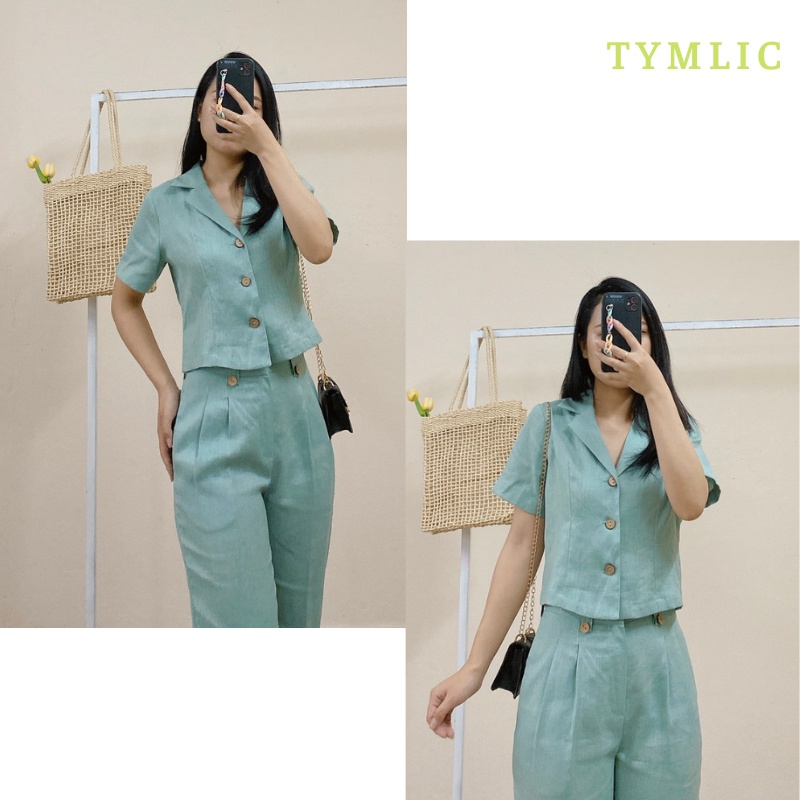 Set Áo Vest Kết Hợp Quần Baggy Linen Màu Xanh TYMLIC