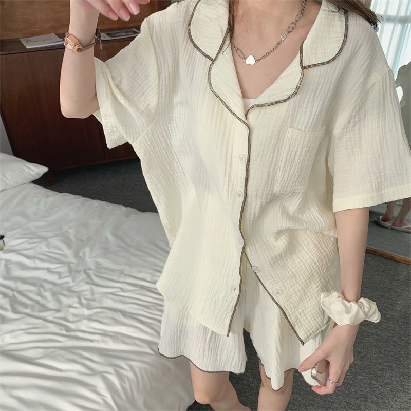 Set đồ ngủ gồm áo tay ngắn và quần short lưng thun màu sắc đơn giản thời trang mùa hè cho nữ