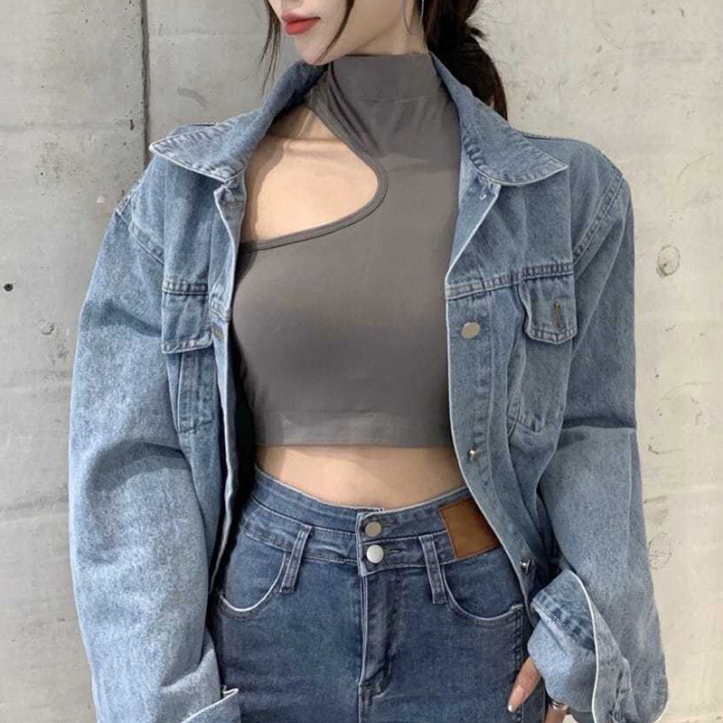 Áo Crop Top Không Tay Cổ Lọ Hở Vai Màu Sắc Trơn Quyến Rũ Cho Nữ