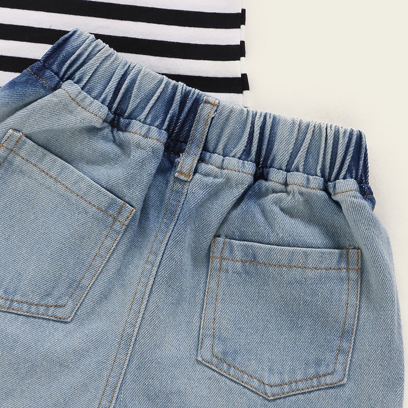 Bộ đồ 2 mảnh Mikrdoo gồm áo hở vai kẻ sọc + quần denim thời trang mùa hè cho bé gái