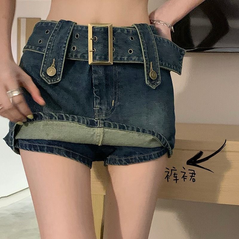 Jiashucheng Chân Váy Denim Lưng Cao Phong Cách Retro Cho Nữ