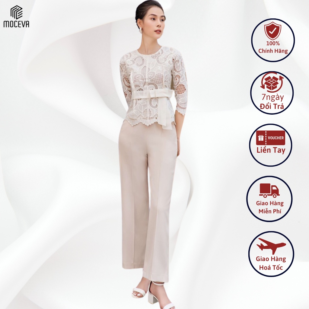 Sét Áo Sơ Mi Ren Nữ Mix Quần Tây Be Ống Suông Cao Cấp MOCEVA 2AT1108-2GT1108