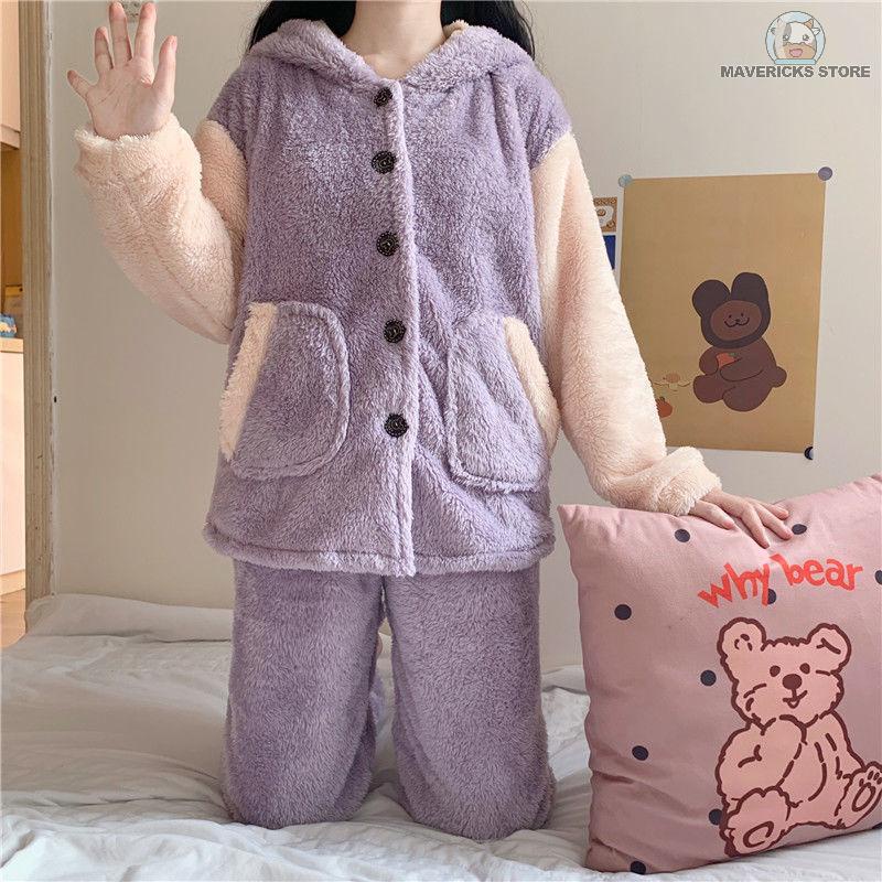 Bộ đồ ngủ lông cừu san hô tay dài in hình thỏ dễ thương