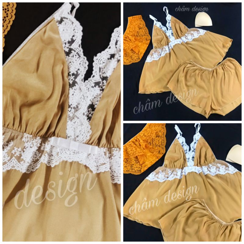 Bộ ngủ 2 dây lụa trơn màu vàng mơ pha ren trắng nổi bật. Hàng thiết kế độc quyền tại shop.