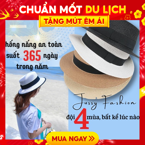 Nón Cói Boater Rộng Vành JCB01 Jussy Fashion Mũ Cói Đi Biển Vành Nhỏ Nơ Xinh Xắn
