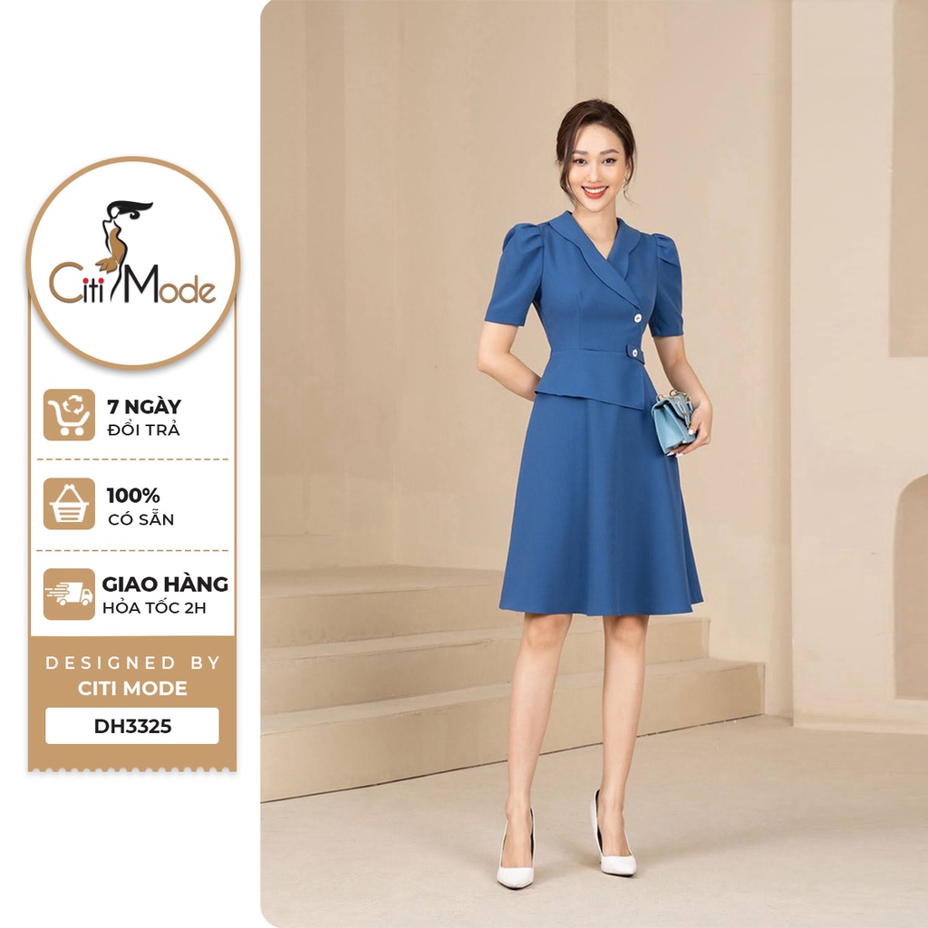 Đầm công sở CITI MODE FASHION dáng xòe thiết kế tay ngắn cổ ve DH3325