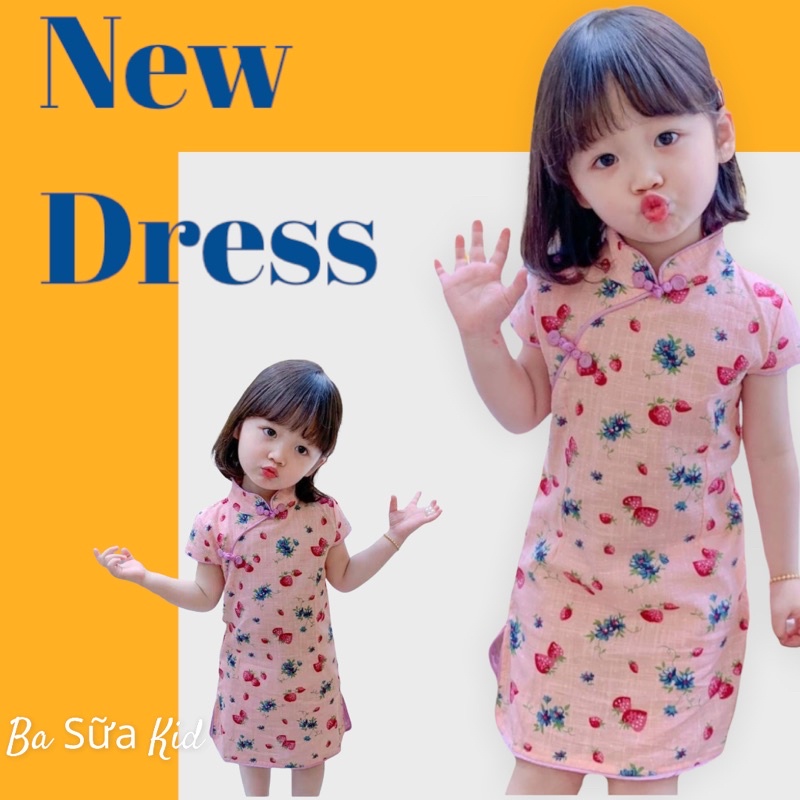 (V156) Đầm Sườn Xám Cách Tân Tay Ngắn Kiểu Trung Hoa Hình Dâu Tây Dễ Thương Cho Bé Gái từ 10kg - 23kg
