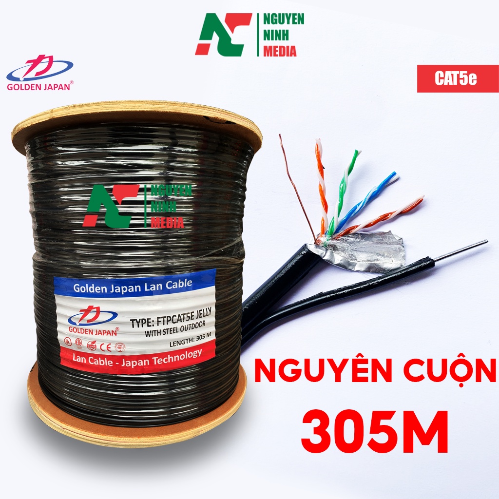 (Cuộn 305m) Dây Cáp Mạng Ngoài Trời 8 Lõi Golden Japan Cat5e Thép Chịu Lực, Bọc Bạc, Phủ Dầu Chống Ẩm - Hàng Chính Hãng