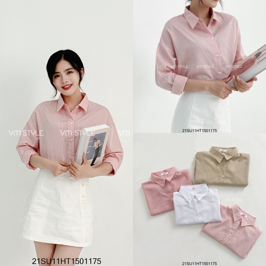 Áo sơ mi tay dài VM STYLE vạt bầu sọc kẻ thời trang nữ công sở VM STYLE 21SU11HT1501