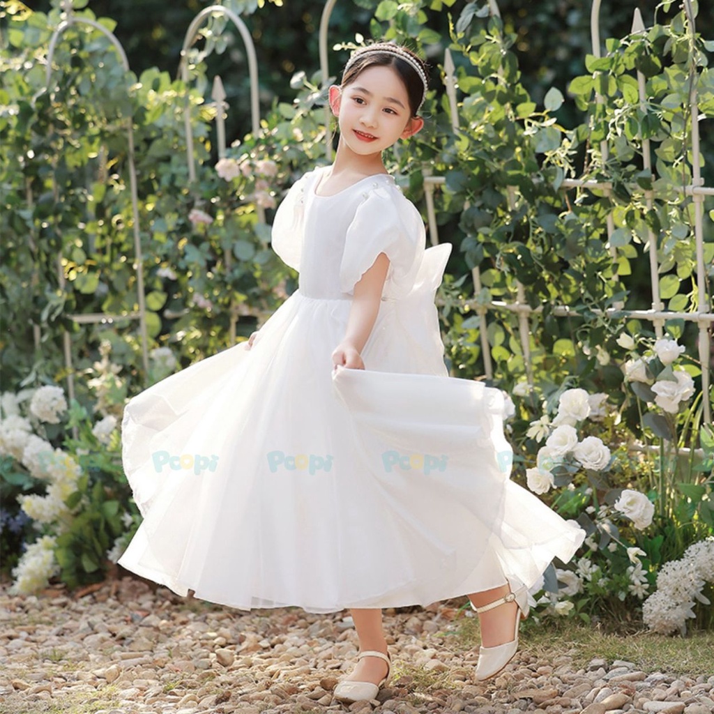 Váy Công Chúa Cho Bé Poopi Dáng Xòe Bồng Màu Trắng Dễ Thương, Đầm Bé Gái Đi Chơi Dự Tiệc Xinh Đẹp