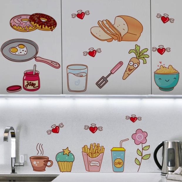 Decal trang trí tường - Thức ăn và dụng cụ bếp có biểu cảm