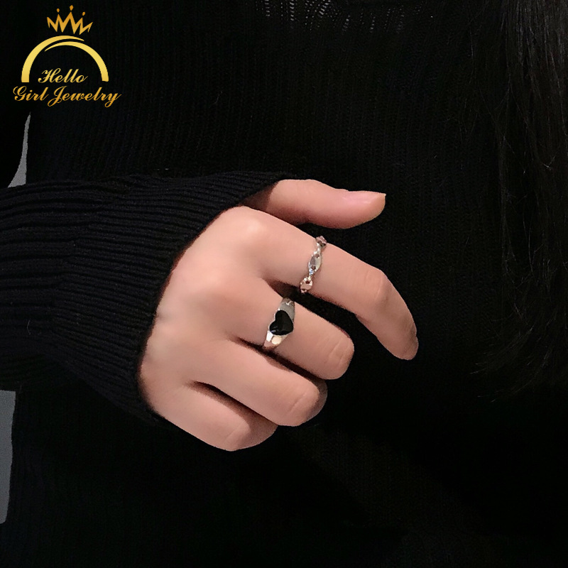 Bộ 2 Nhẫn Hở Hình Trái Tim Màu Đen Có Thể Điều Chỉnh Kích Cỡ